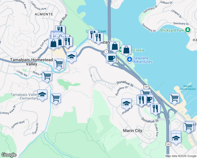 map of restaurants, bars, coffee shops, grocery stores, and more near 278 Headlands Court in Sausalito