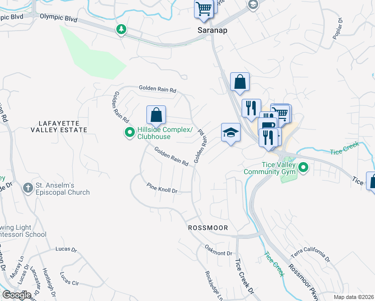 map of restaurants, bars, coffee shops, grocery stores, and more near 1857 Golden Rain Road in Walnut Creek