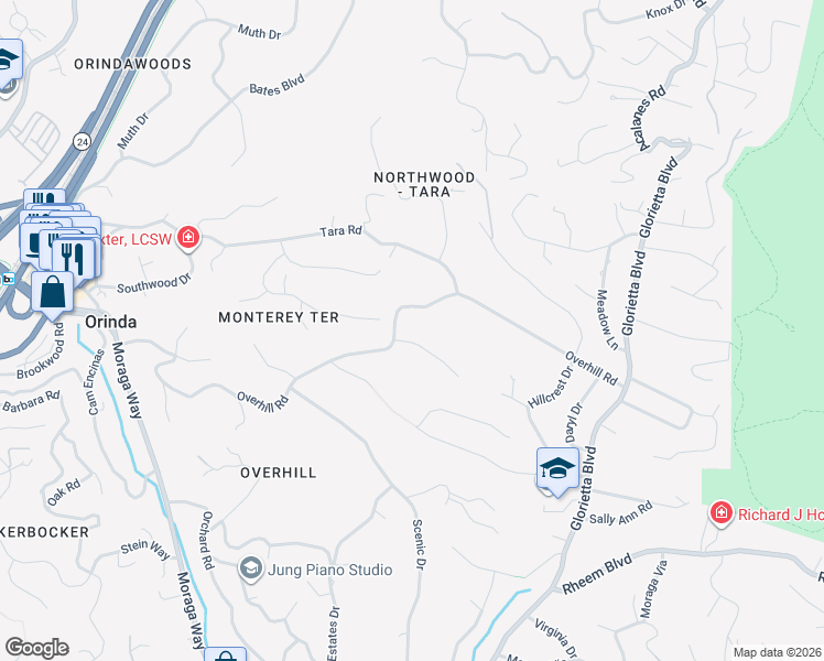 map of restaurants, bars, coffee shops, grocery stores, and more near 5 Broadview Terrace in Orinda