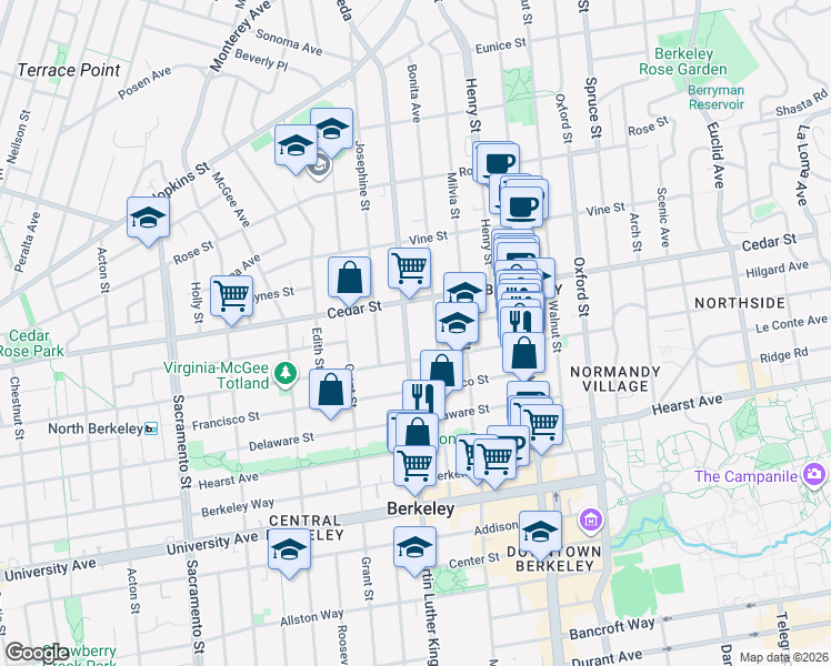 map of restaurants, bars, coffee shops, grocery stores, and more near 1625 Martin Luther King Junior Way in Berkeley