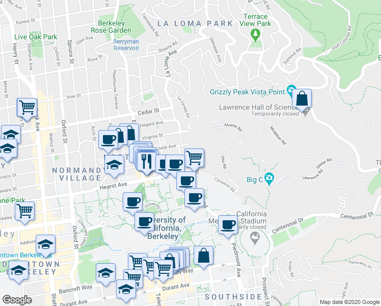 map of restaurants, bars, coffee shops, grocery stores, and more near 1800 Highland Place in Berkeley