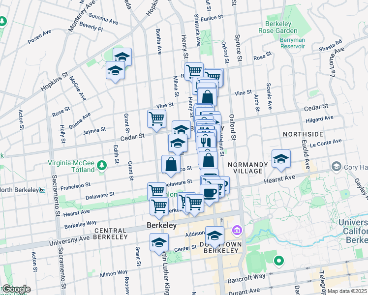 map of restaurants, bars, coffee shops, grocery stores, and more near 2004 Virginia Street in Berkeley