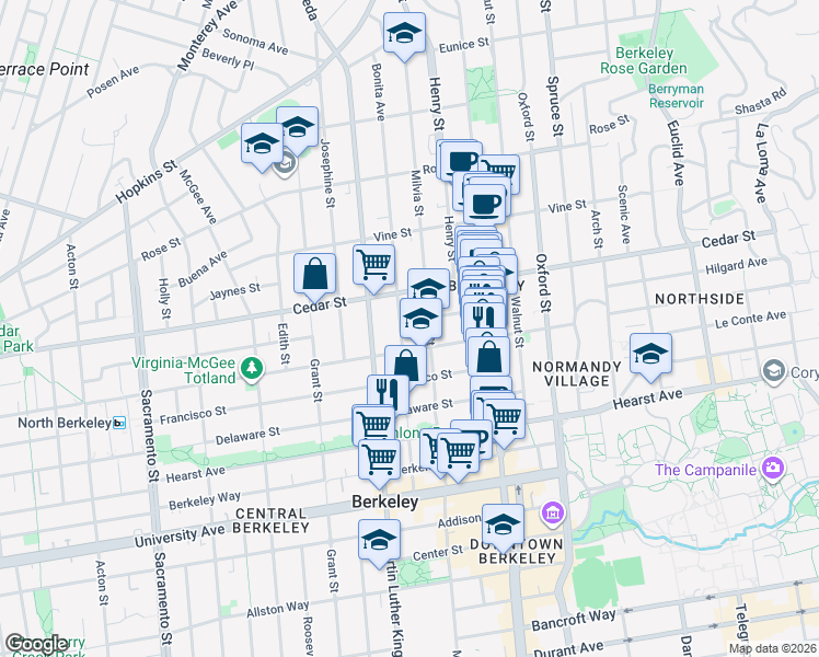 map of restaurants, bars, coffee shops, grocery stores, and more near 1636 Bonita Avenue in Berkeley