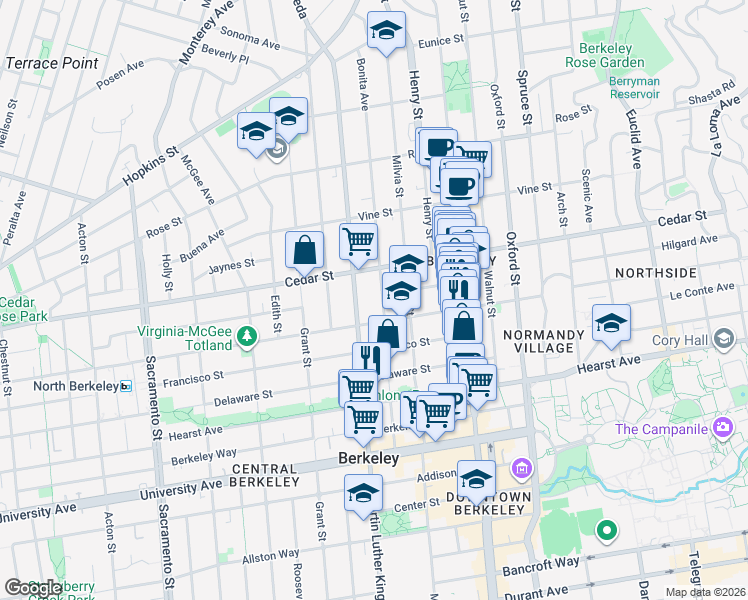 map of restaurants, bars, coffee shops, grocery stores, and more near 1636 Bonita Avenue in Berkeley