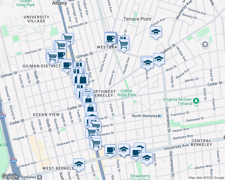 map of restaurants, bars, coffee shops, grocery stores, and more near 1224 Rose Street in Berkeley