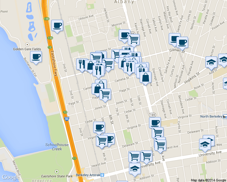 map of restaurants, bars, coffee shops, grocery stores, and more near 900 Page Street in Berkeley
