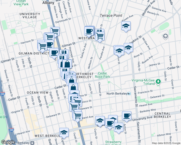 map of restaurants, bars, coffee shops, grocery stores, and more near 1236 Hopkins Street in Berkeley