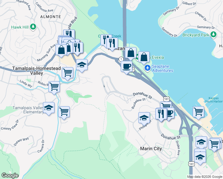 map of restaurants, bars, coffee shops, grocery stores, and more near 278 Headlands Court in Sausalito