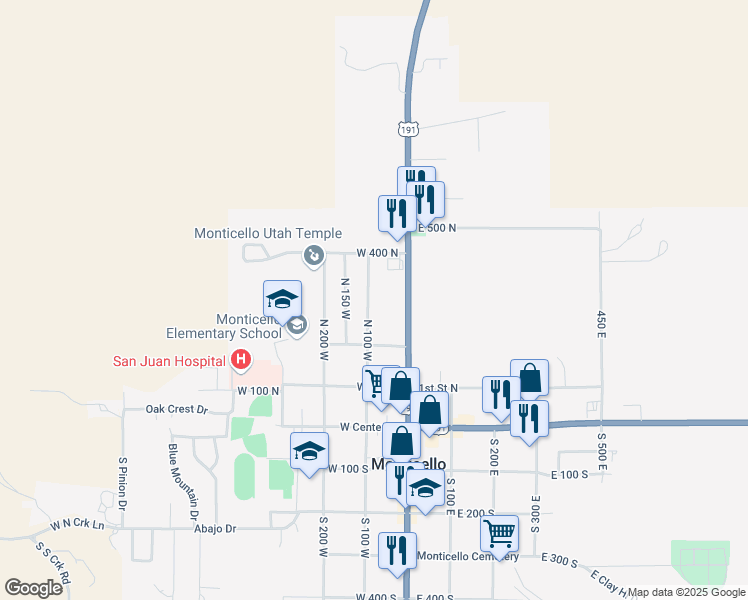 map of restaurants, bars, coffee shops, grocery stores, and more near 316 North 100 West in Monticello