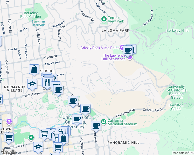 map of restaurants, bars, coffee shops, grocery stores, and more near Cyclotron Road in Berkeley