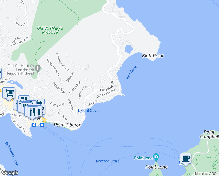 map of restaurants, bars, coffee shops, grocery stores, and more near 2379 Paradise Drive in Belvedere Tiburon