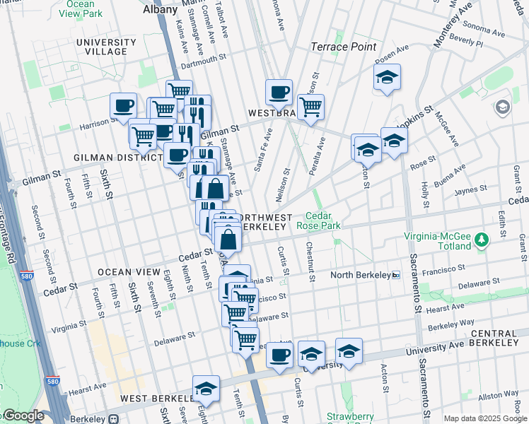 map of restaurants, bars, coffee shops, grocery stores, and more near 1159 Hopkins Street in Berkeley