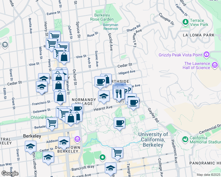 map of restaurants, bars, coffee shops, grocery stores, and more near 2401 Ridge Road in Berkeley