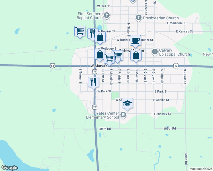 map of restaurants, bars, coffee shops, grocery stores, and more near 411 West Park Street in Yates Center