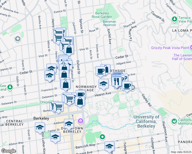 map of restaurants, bars, coffee shops, grocery stores, and more near 1798 Scenic Avenue in Berkeley