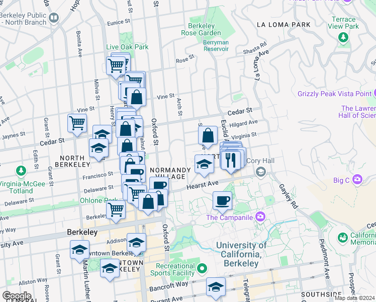 map of restaurants, bars, coffee shops, grocery stores, and more near 1798 Scenic Avenue in Berkeley