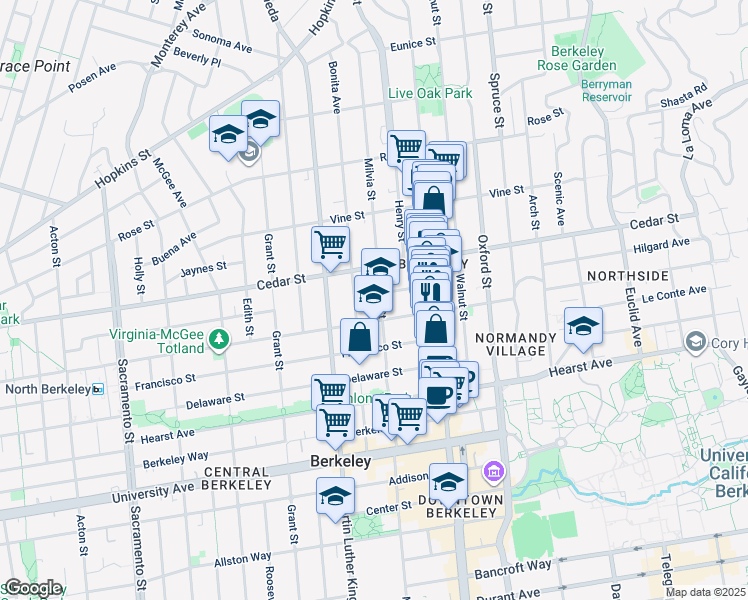 map of restaurants, bars, coffee shops, grocery stores, and more near 2004 Virginia Street in Berkeley