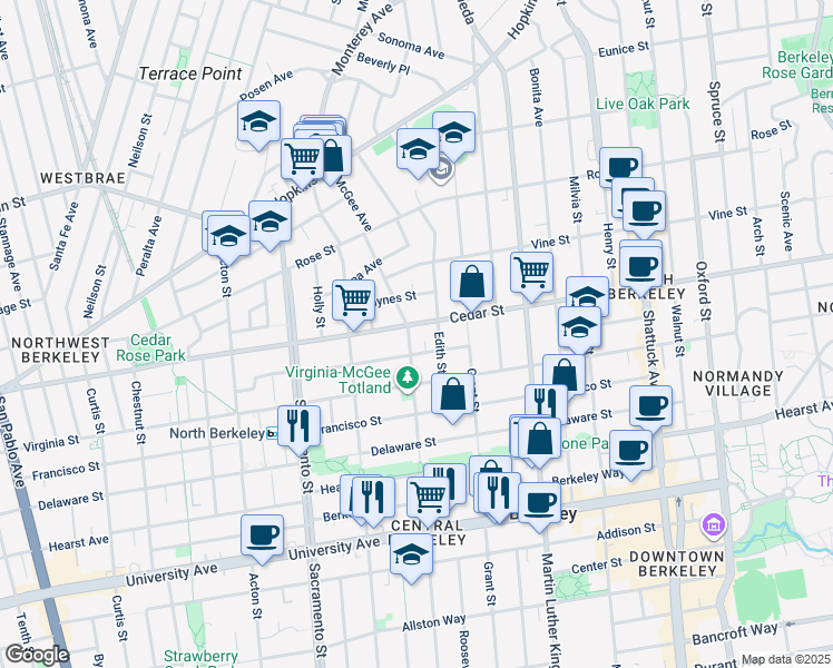 map of restaurants, bars, coffee shops, grocery stores, and more near 1641 Lincoln Street in Berkeley