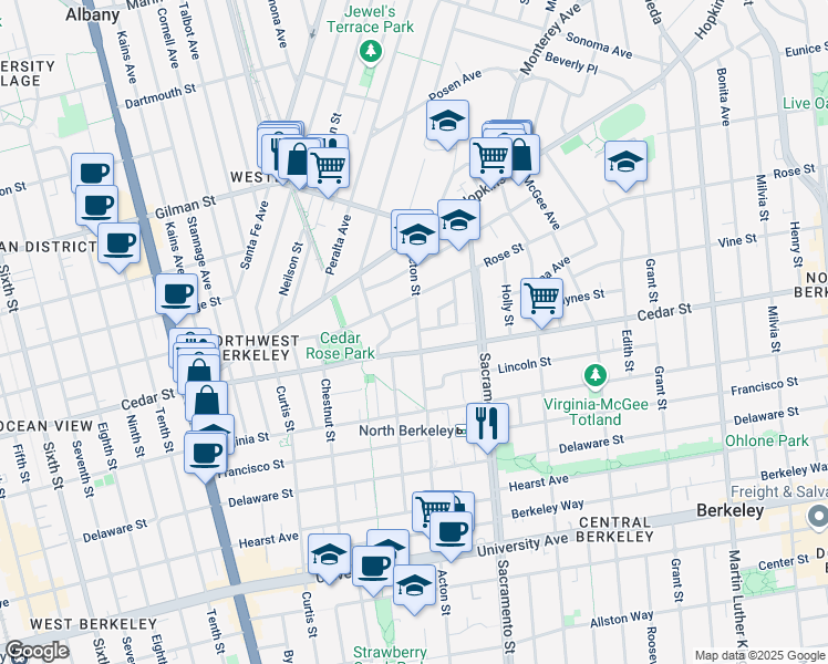 map of restaurants, bars, coffee shops, grocery stores, and more near 1361 Cedar Street in Berkeley