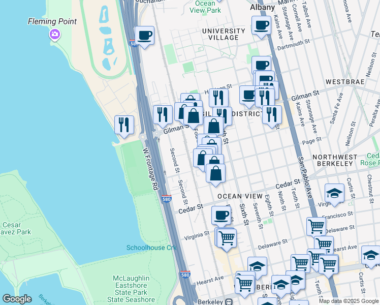 map of restaurants, bars, coffee shops, grocery stores, and more near Camelia Street in Albany