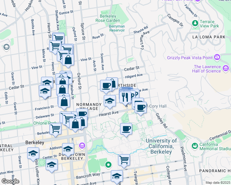map of restaurants, bars, coffee shops, grocery stores, and more near 2401 Ridge Road in Berkeley