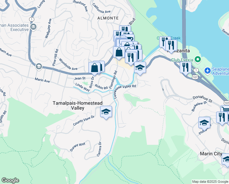 map of restaurants, bars, coffee shops, grocery stores, and more near Tennessee Valley Rd & Marin Ave in Mill Valley