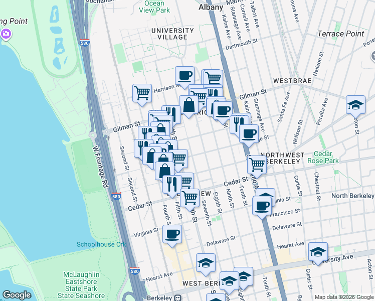 map of restaurants, bars, coffee shops, grocery stores, and more near 900 Page Street in Berkeley