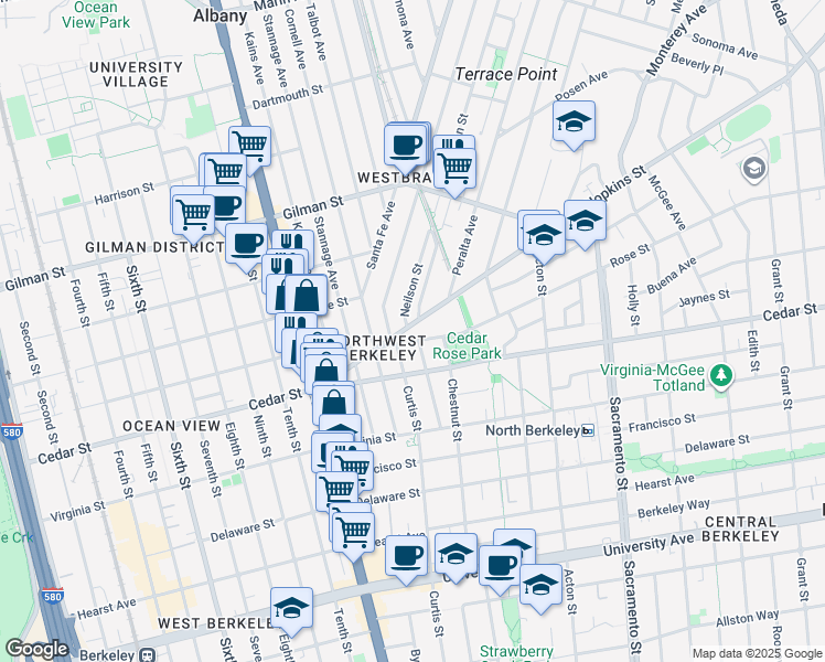 map of restaurants, bars, coffee shops, grocery stores, and more near 1236 Hopkins Street in Berkeley