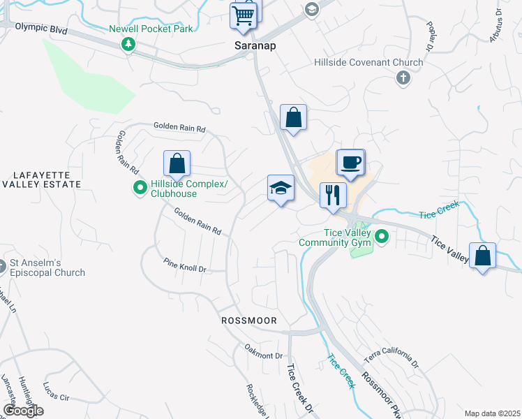 map of restaurants, bars, coffee shops, grocery stores, and more near 1001 Golden Rain Road in Walnut Creek