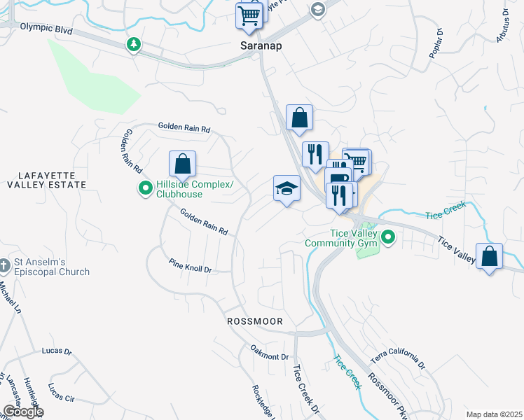 map of restaurants, bars, coffee shops, grocery stores, and more near 1816 Golden Rain Road in Walnut Creek