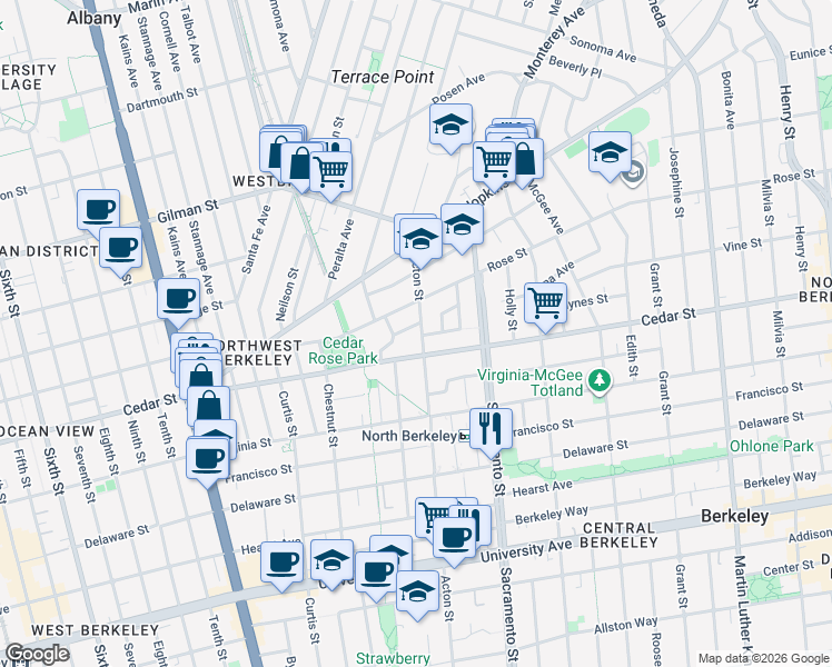map of restaurants, bars, coffee shops, grocery stores, and more near 1361 Cedar Street in Berkeley