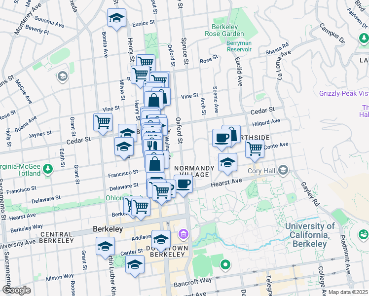 map of restaurants, bars, coffee shops, grocery stores, and more near 2201 Virginia Street in Berkeley