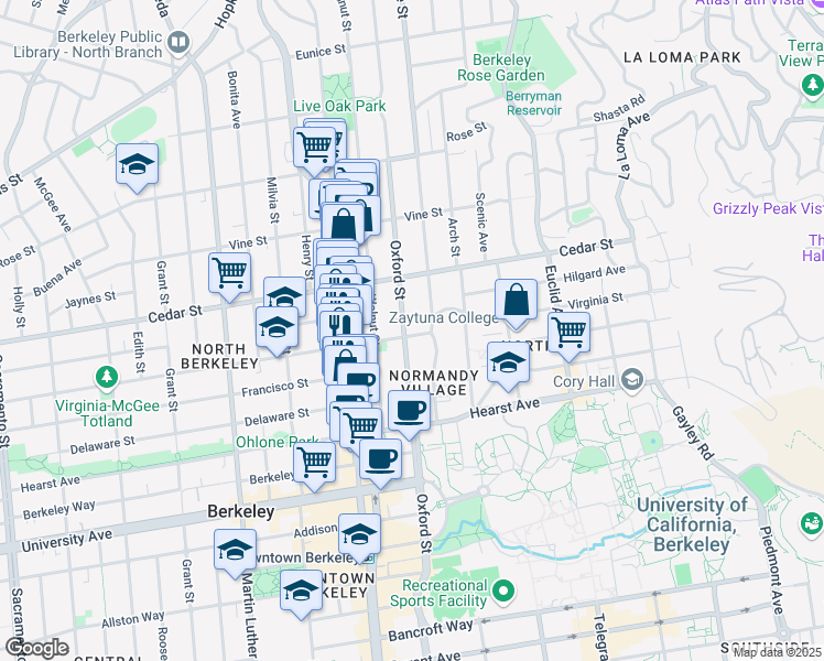 map of restaurants, bars, coffee shops, grocery stores, and more near 2201 Virginia Street in Berkeley