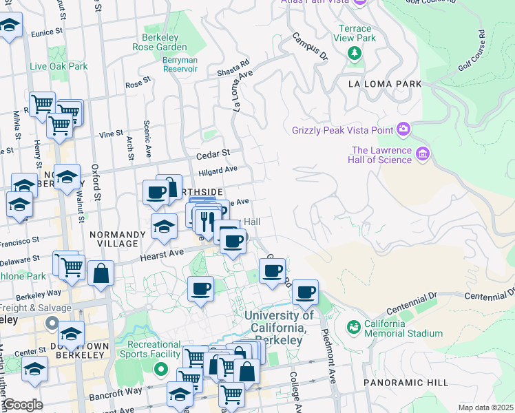 map of restaurants, bars, coffee shops, grocery stores, and more near 2621 Ridge Road in Berkeley