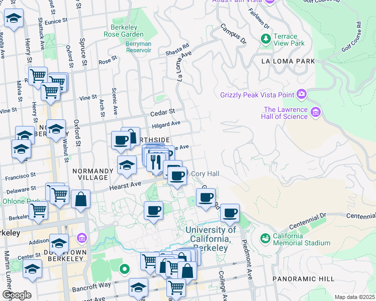 map of restaurants, bars, coffee shops, grocery stores, and more near 2621 Ridge Road in Berkeley