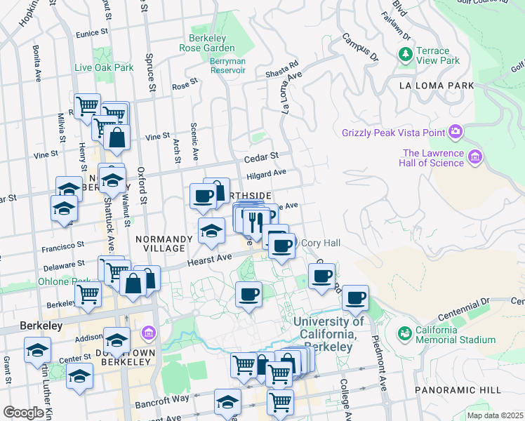 map of restaurants, bars, coffee shops, grocery stores, and more near 2535 Ridge Road in Berkeley
