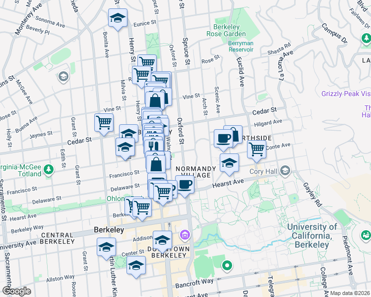 map of restaurants, bars, coffee shops, grocery stores, and more near 1717 Oxford Street in Berkeley