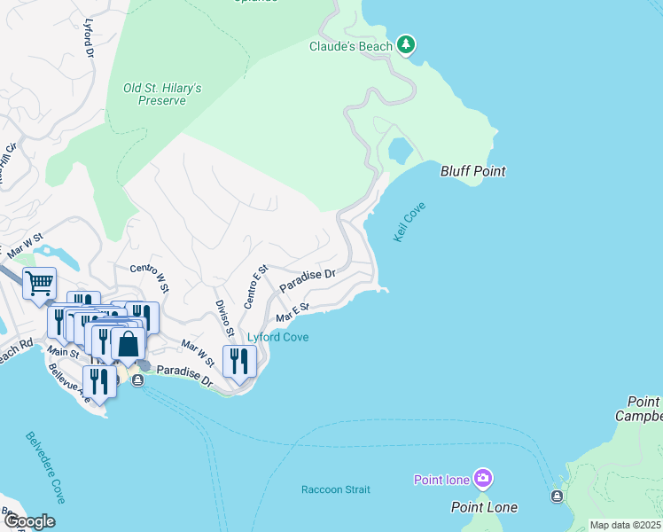 map of restaurants, bars, coffee shops, grocery stores, and more near 2332 Paradise Drive in Tiburon
