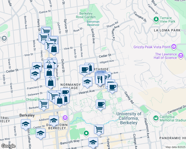 map of restaurants, bars, coffee shops, grocery stores, and more near 2401 Ridge Road in Berkeley