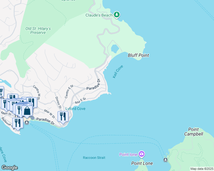 map of restaurants, bars, coffee shops, grocery stores, and more near 2398 Mar East Street in Belvedere Tiburon
