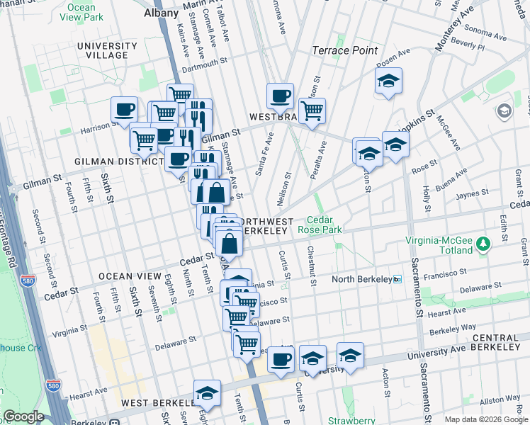 map of restaurants, bars, coffee shops, grocery stores, and more near 1462 Curtis Street in Berkeley