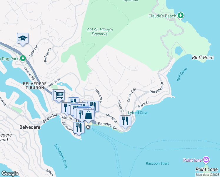 map of restaurants, bars, coffee shops, grocery stores, and more near 315 Ridge Road in Belvedere Tiburon