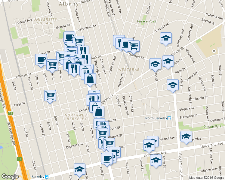 map of restaurants, bars, coffee shops, grocery stores, and more near 1462 Curtis Street in Berkeley