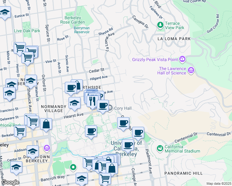 map of restaurants, bars, coffee shops, grocery stores, and more near 2621 Ridge Road in Berkeley