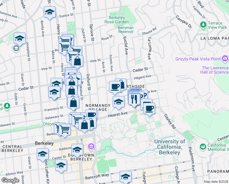 map of restaurants, bars, coffee shops, grocery stores, and more near 1798 Scenic Avenue in Berkeley