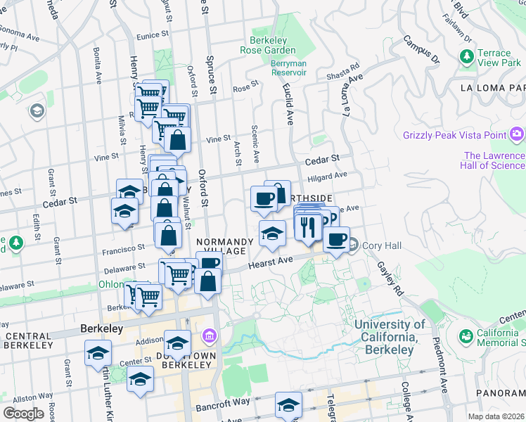 map of restaurants, bars, coffee shops, grocery stores, and more near 1798 Scenic Avenue in Berkeley