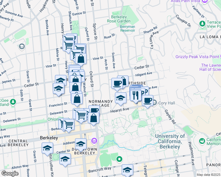 map of restaurants, bars, coffee shops, grocery stores, and more near 1798 Scenic Avenue in Berkeley