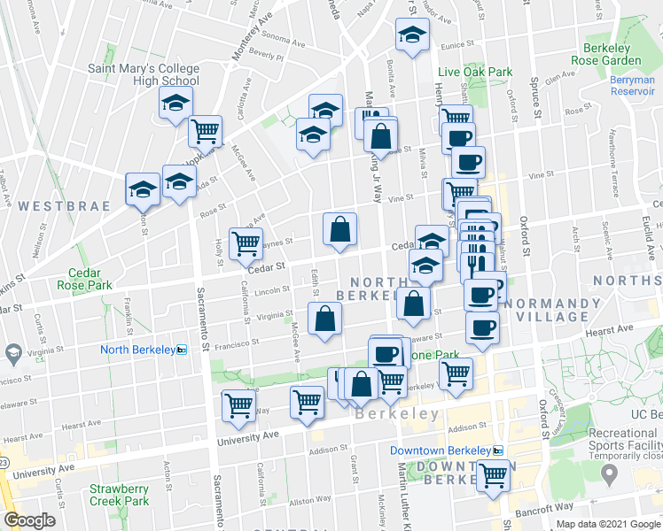 map of restaurants, bars, coffee shops, grocery stores, and more near 1629 Grant Street in Berkeley