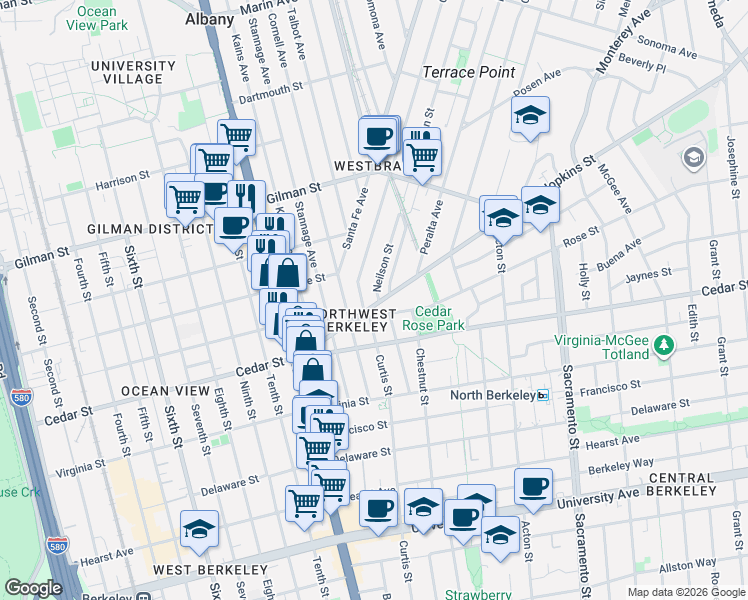 map of restaurants, bars, coffee shops, grocery stores, and more near 1224 Rose Street in Berkeley