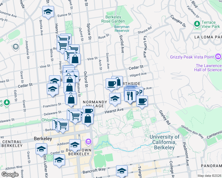 map of restaurants, bars, coffee shops, grocery stores, and more near 2366 Virginia Street in Berkeley